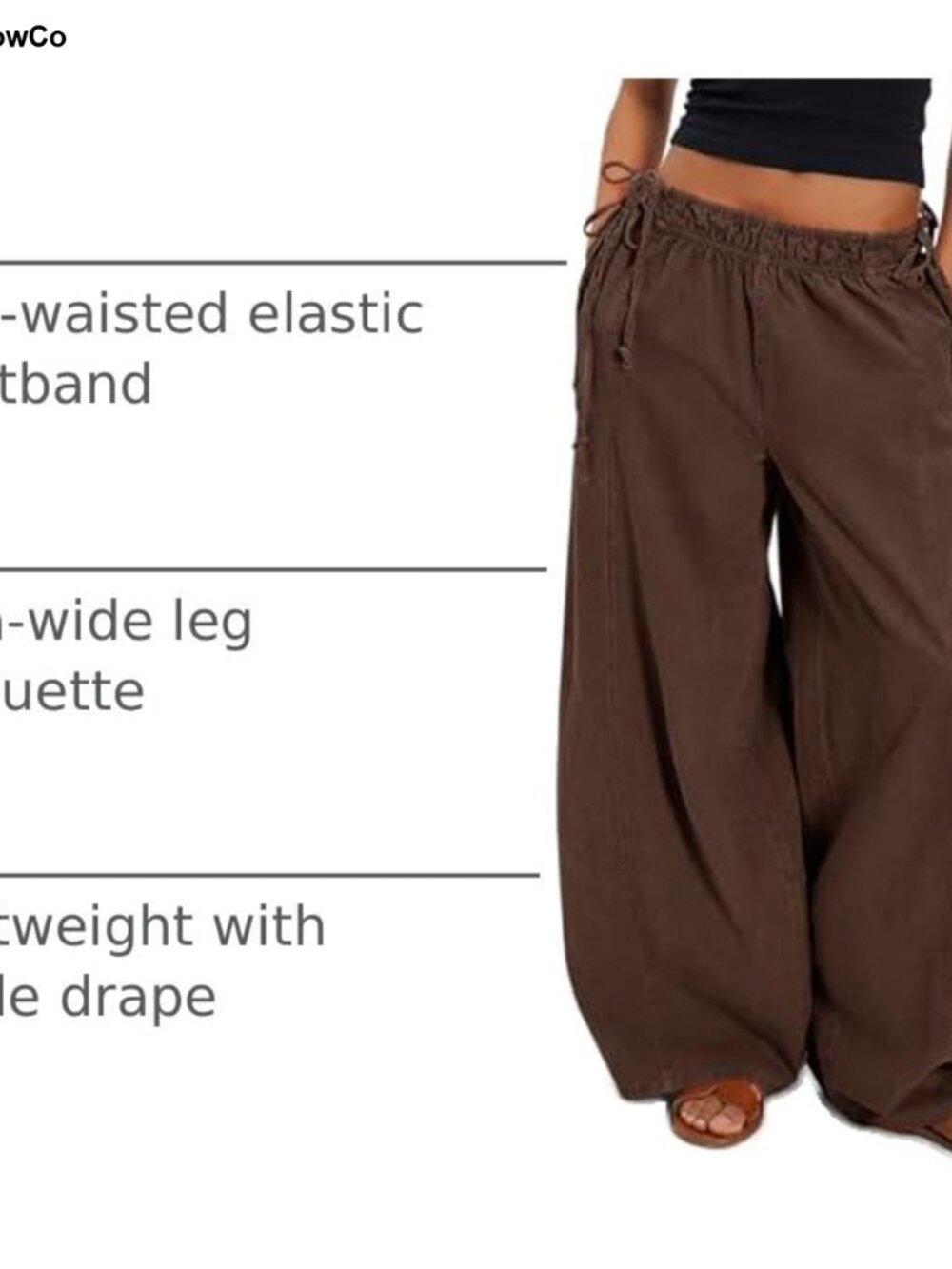 Cotton Wide Leg Pants Low Rise Baggy Drawstring Casual - Picture 3 of 6